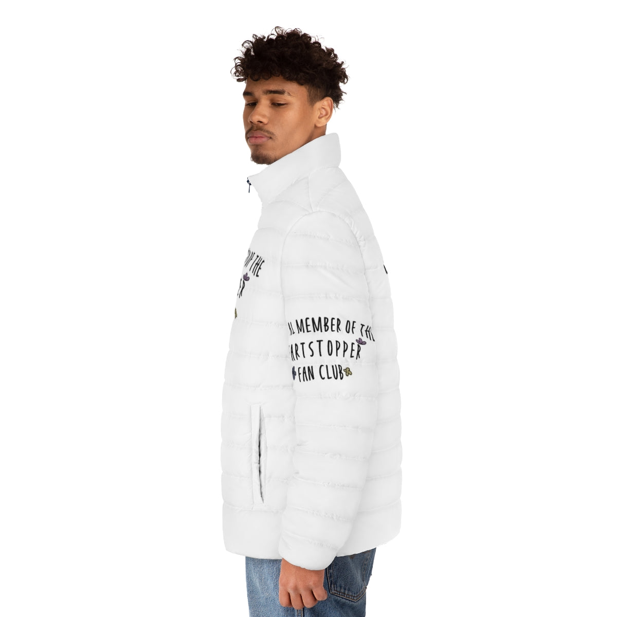 Heartstopper themed puffer jacket featuring the Heartstopper logo - men side left