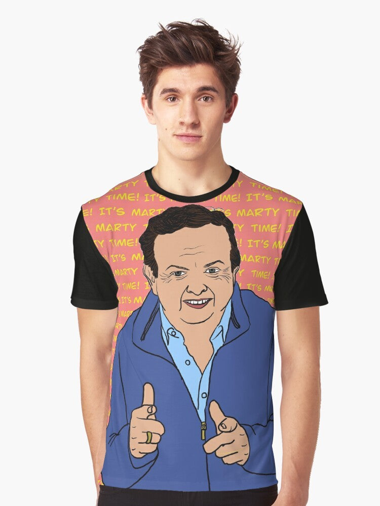 Marty Morrissey Party Graphic T-Shirt - Celebrate the iconic Irish sports presenter with this colorful and humorous design - Men