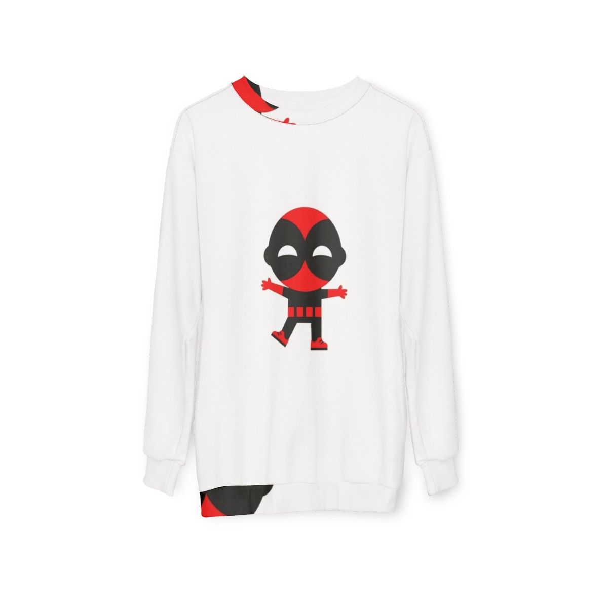 Cute baby wearing a superhero-themed sweatshirt - hanging