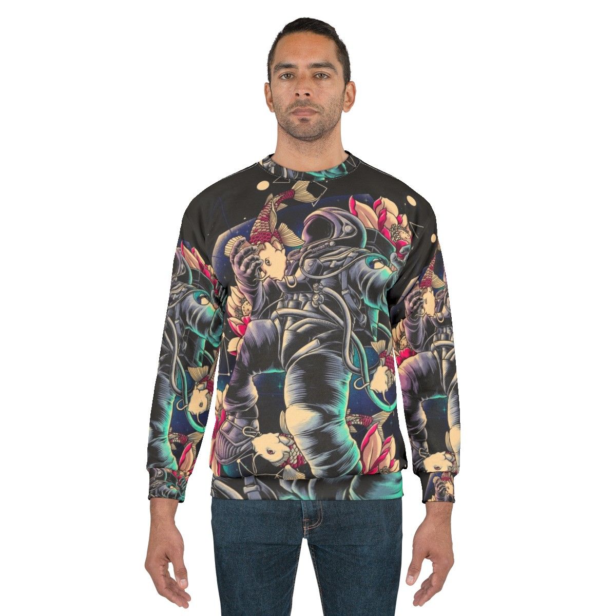 Man wearing deep space sweatshirt with geometric and cosmic design - men