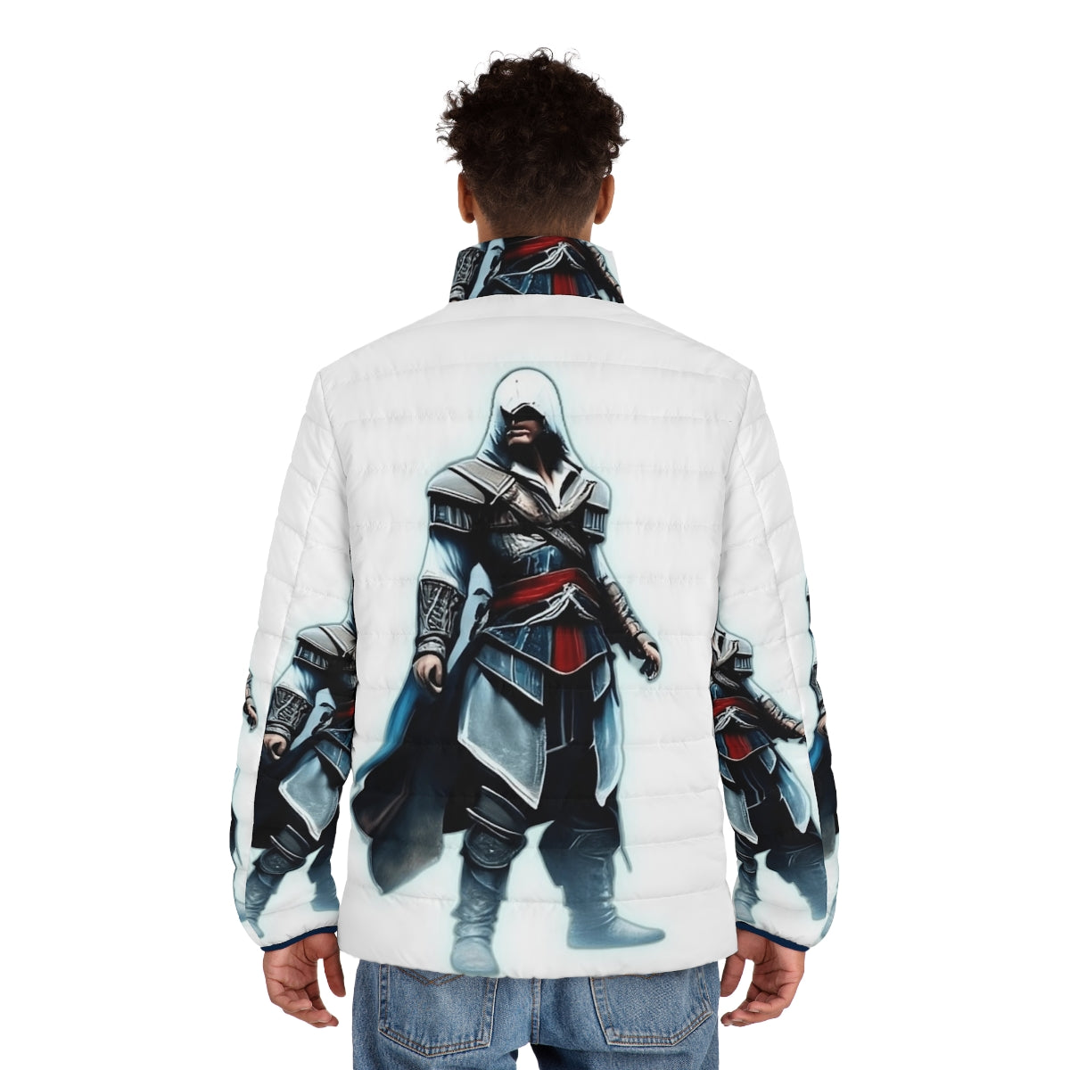 Assassins Creed inspired puffer jacket with game logo and patterns - men back