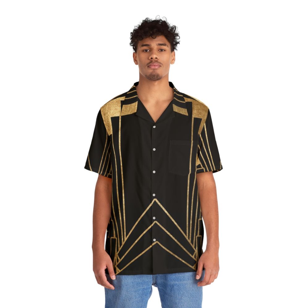 Art deco inspired hawaiian shirt with geometric pattern in gold and neutral tones - Lifestyle