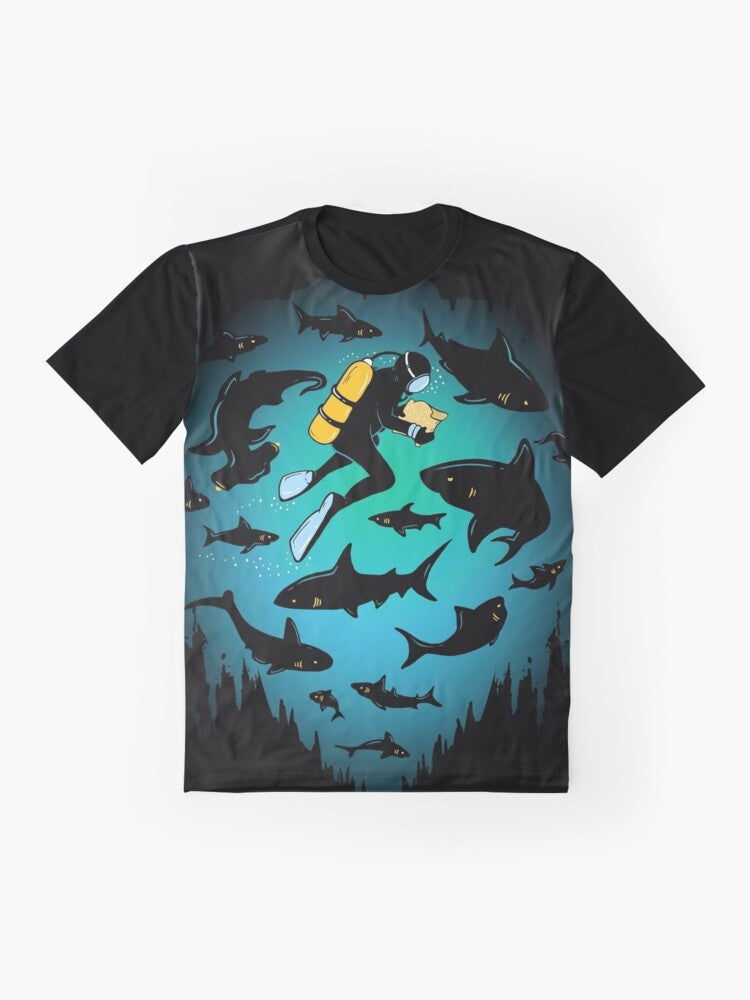 Funny graphic t-shirt featuring an illustration of a scuba diver and a shark underwater, with the text "Screwed". - Flat lay