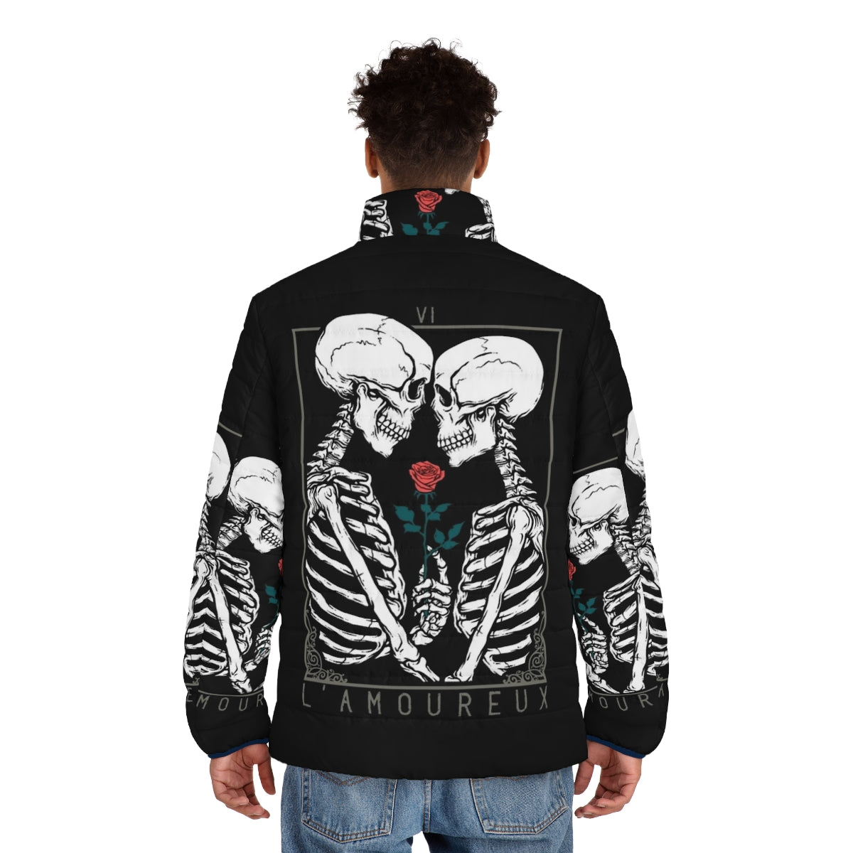 Model wearing the Vi The Lovers puffer jacket featuring gothic, occult, and romantic design elements - men back