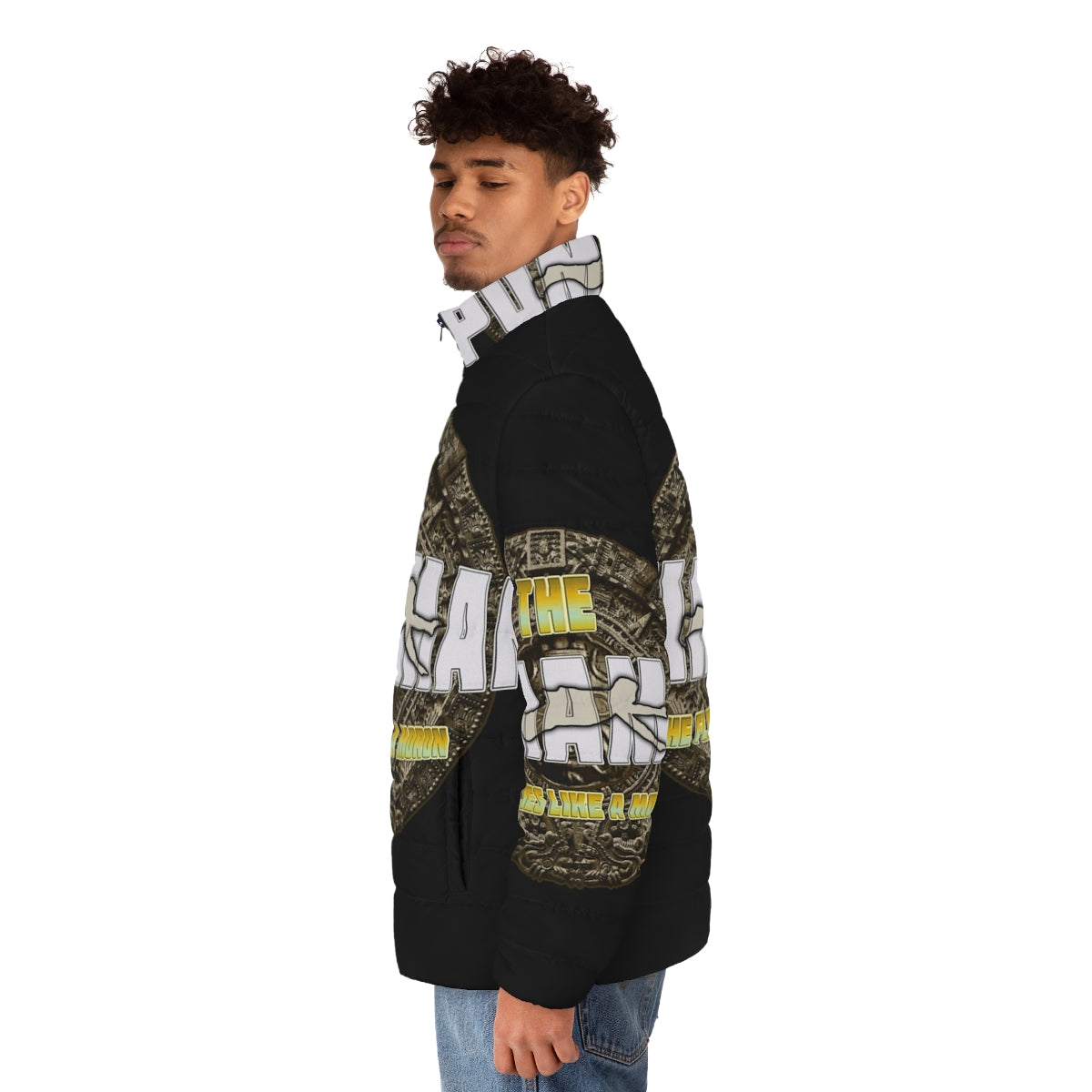 The Pumaman Flies movie puffer jacket, featuring a cult classic 80s superhero design - men side left