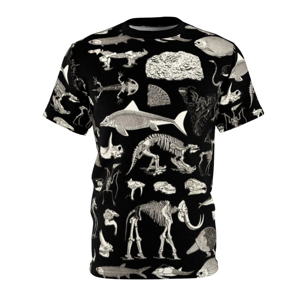 Paleontology inspired t-shirt featuring a vintage-style illustration of fossils, skeletons, and prehistoric animals