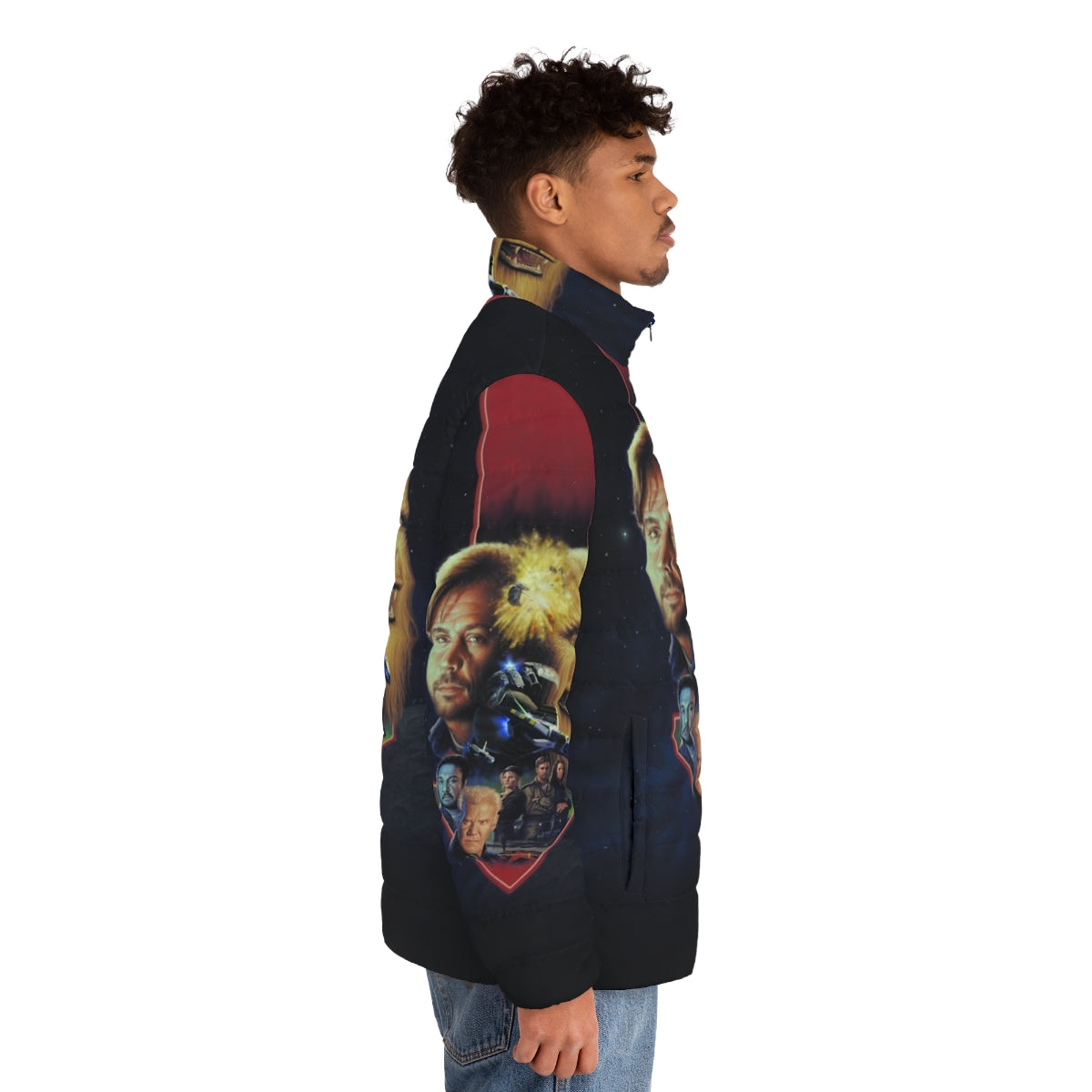 Puffer jacket featuring the iconic "Wing Commander III" key art cover design - men side right