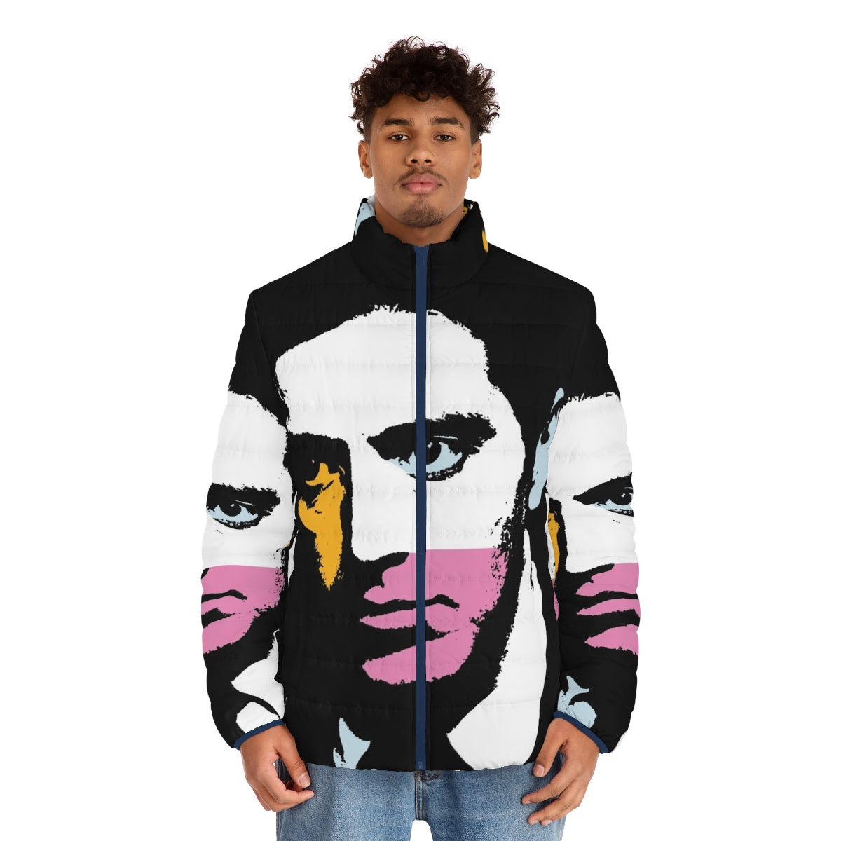 Al Pacino Pop Art Puffer Jacket featuring iconic movie characters - men front