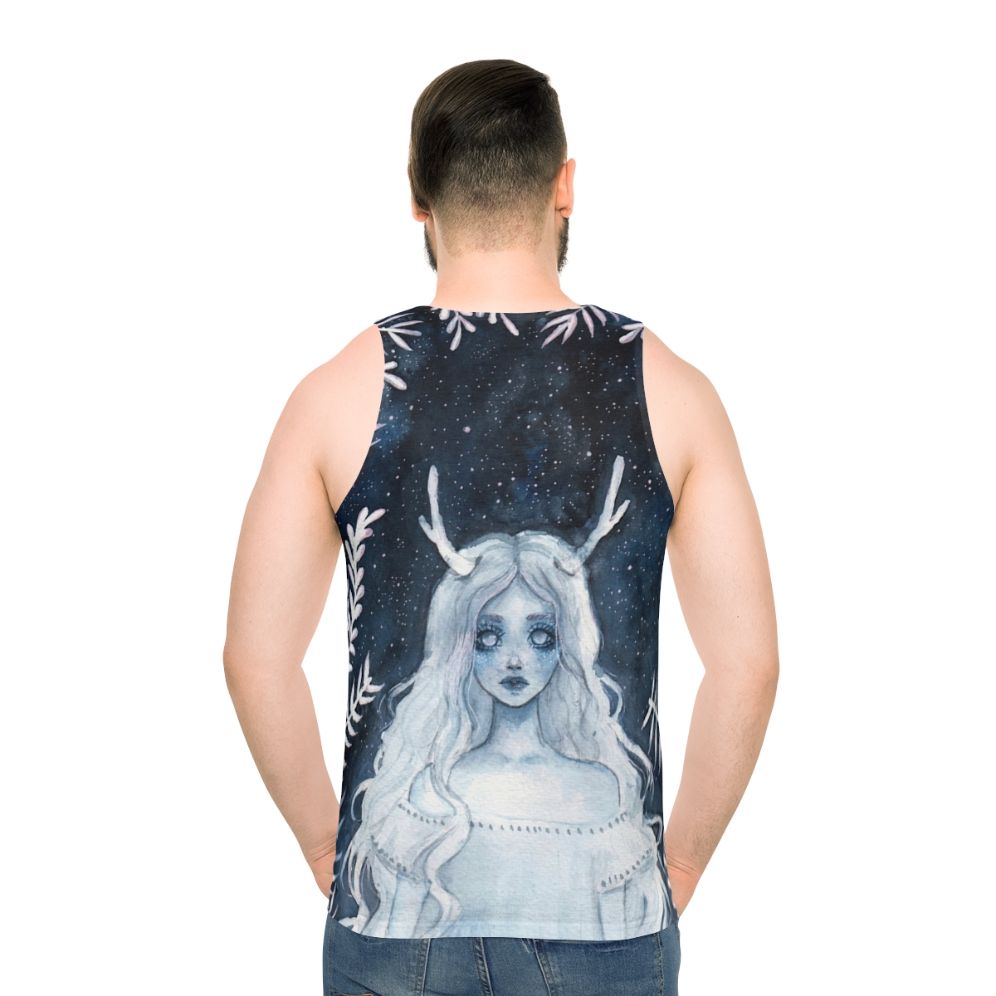 Unisex watercolor fantasy tank top with deer and starry night design - men back