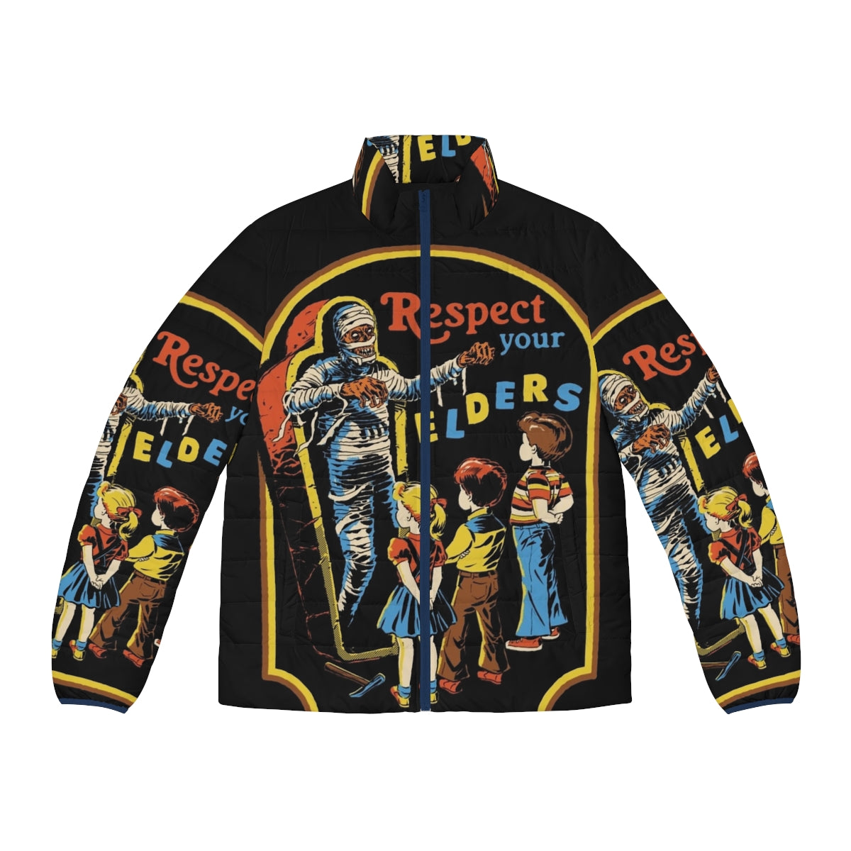 Respect Your Elders Puffer Jacket - Vintage Horror-Themed Outerwear