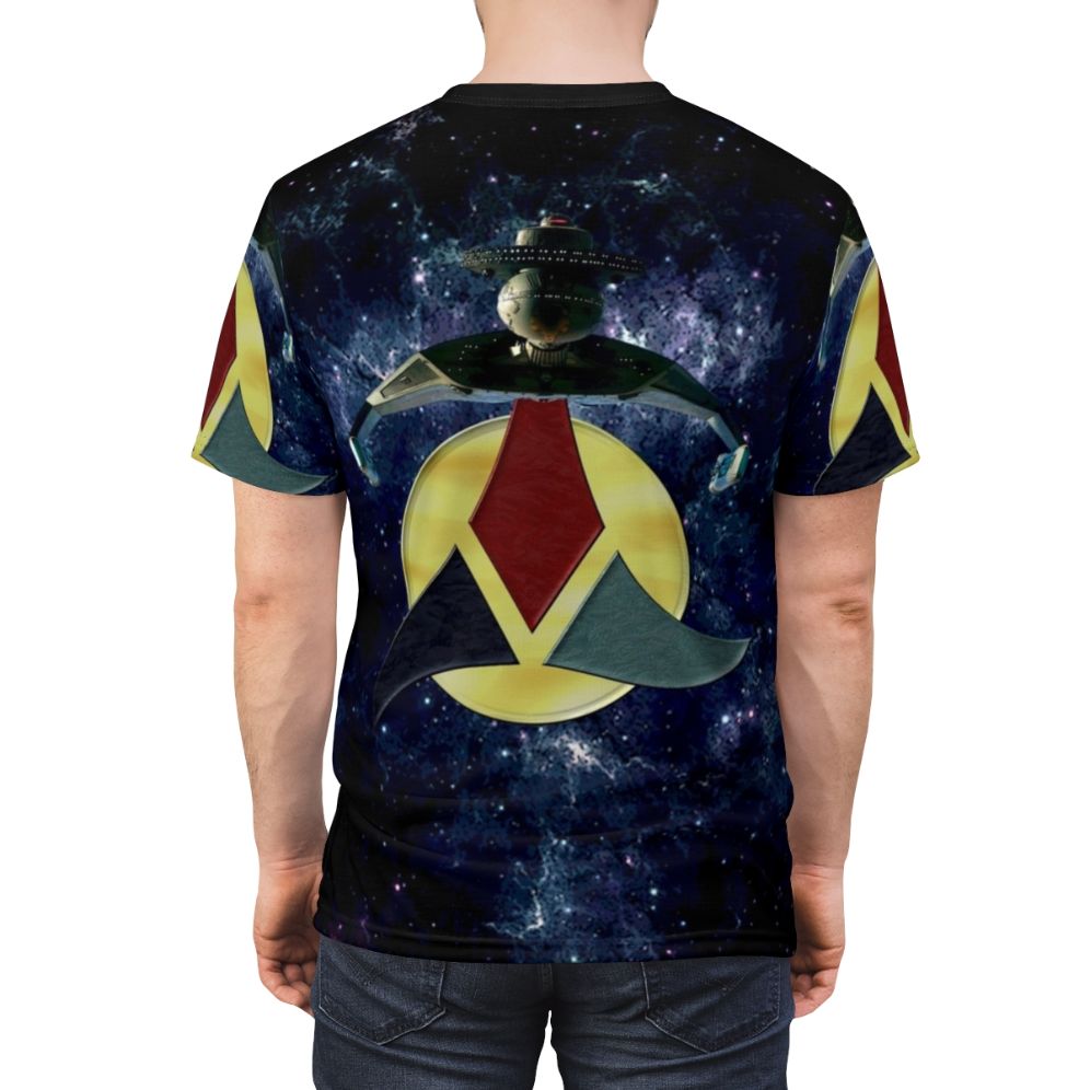 Klingon-inspired t-shirt with a heart of virtue design in a retro sci-fi style - men back