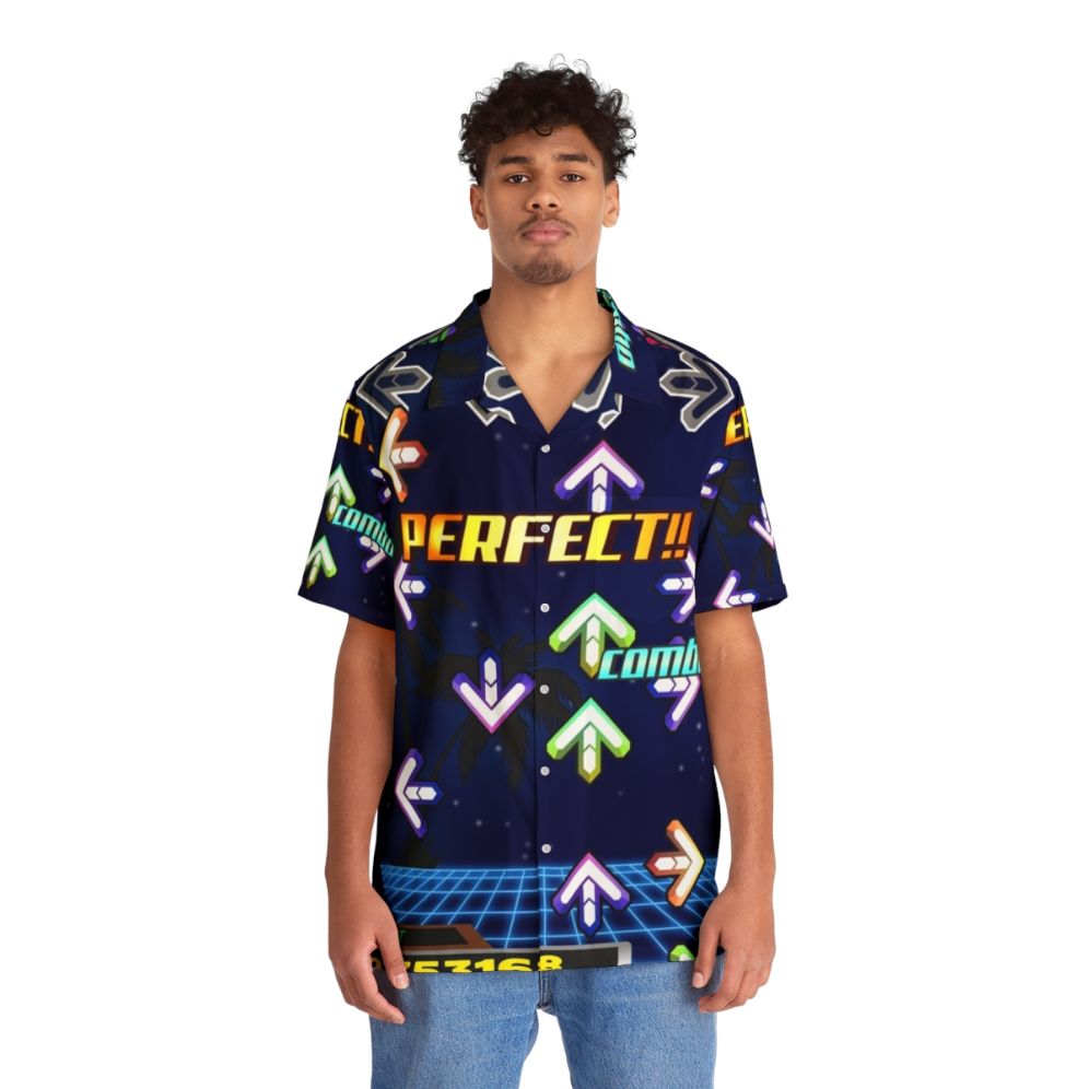 Vibrant Dance Dance Revolution Hawaiian shirt with retro video game inspired neon colors - People Front