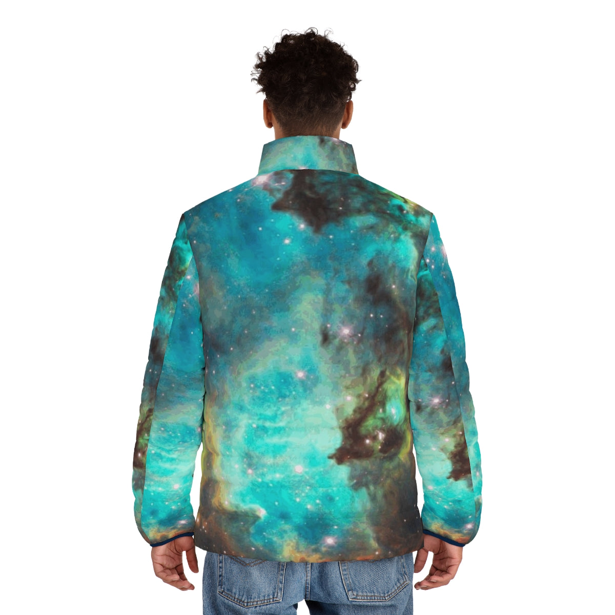 Green galaxy puffer jacket with cosmic, spacey design - men back