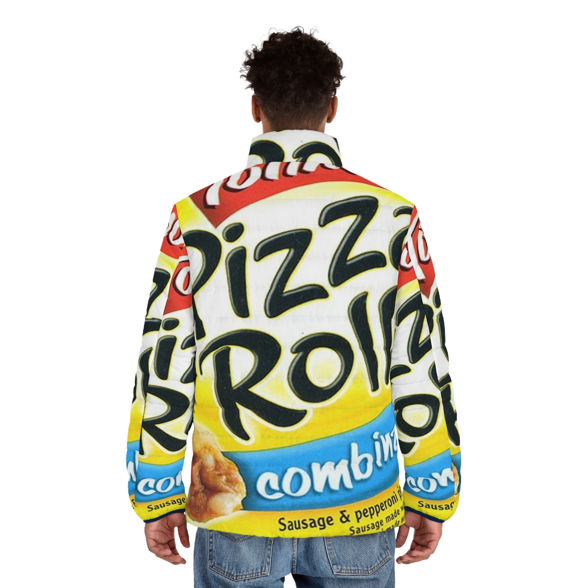 Fashionable pizza rolls themed puffer jacket for stylish teenagers - men back