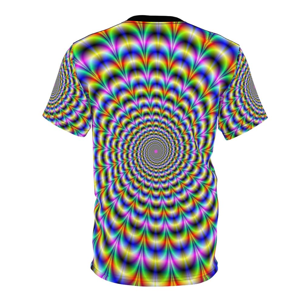 A vibrant psychedelic swirl design on a t-shirt, creating a mesmerizing, trippy optical effect. - Back