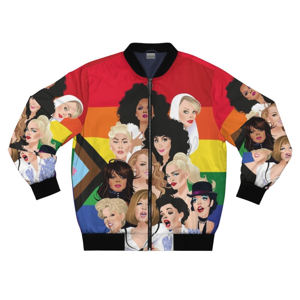 Pride Divas Edition Bomber Jacket featuring gay icons and LGBTQ+ pride design