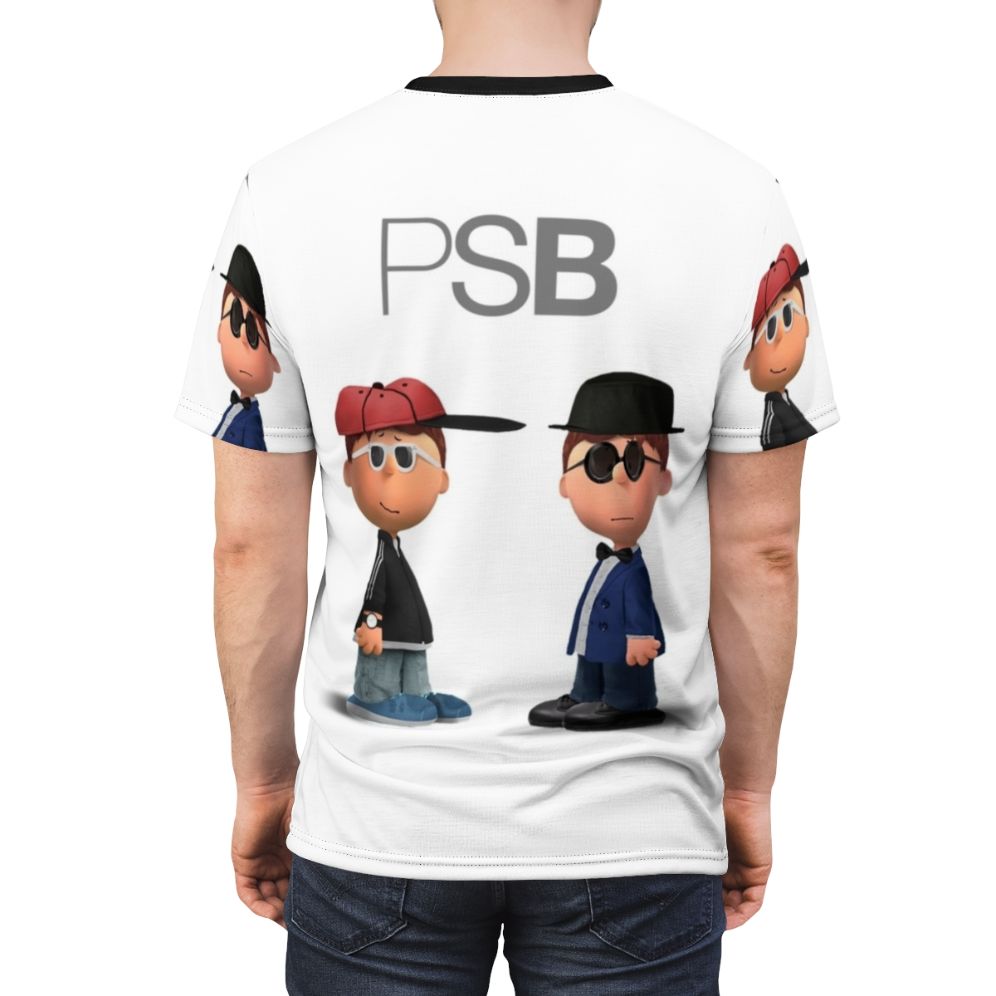 Retro inspired 80s synthpop music t-shirt featuring a graphic design inspired by the iconic band Pet Shop Boys. - men back