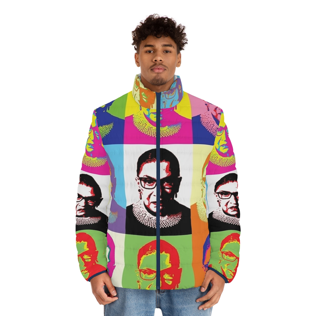 Ruth Bader Ginsburg Puffer Jacket with Feminist Artwork - men front