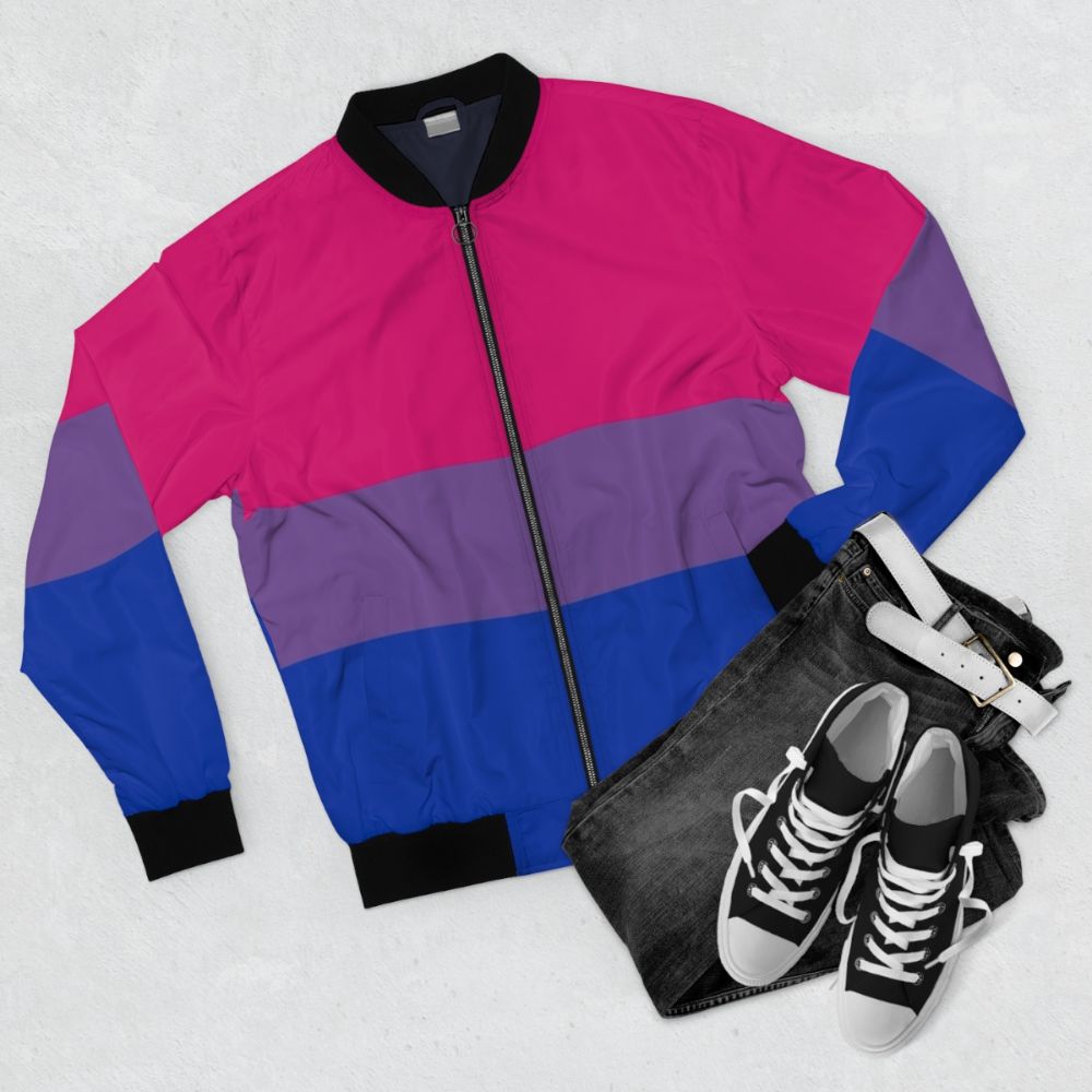 Bisexual pride flag bomber jacket with colorful bisexual pride design - Flat lay