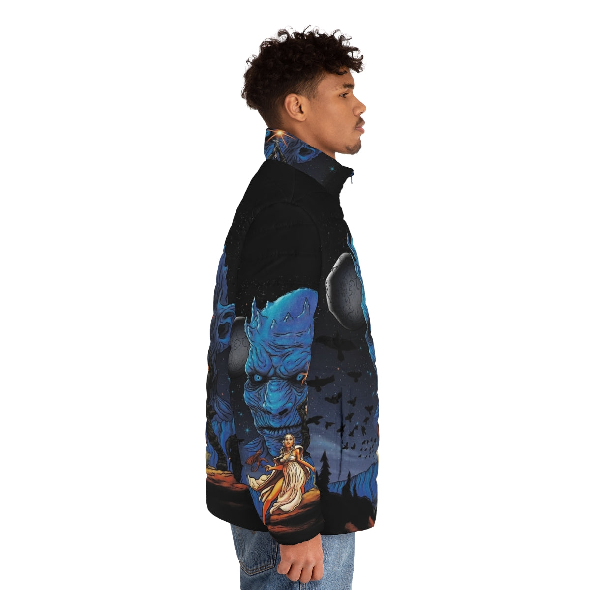 Throne Wars Puffer Jacket featuring a dragon, night king, and other Game of Thrones elements - men side right