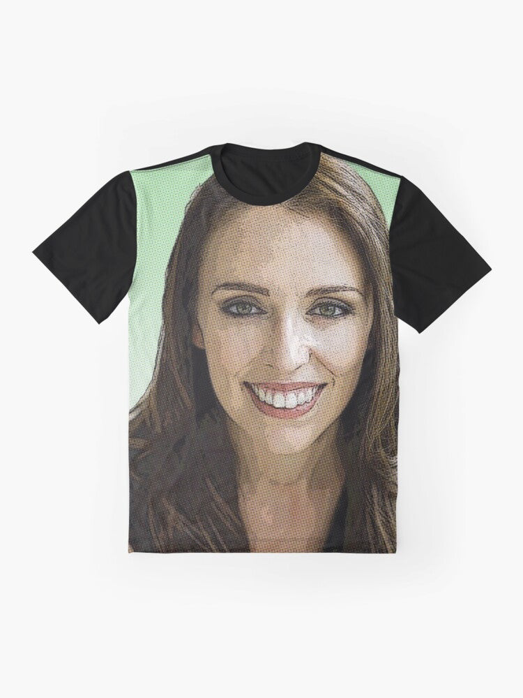 Jacinda Ardern, the Prime Minister of New Zealand, featured on a graphic t-shirt design - Flat lay