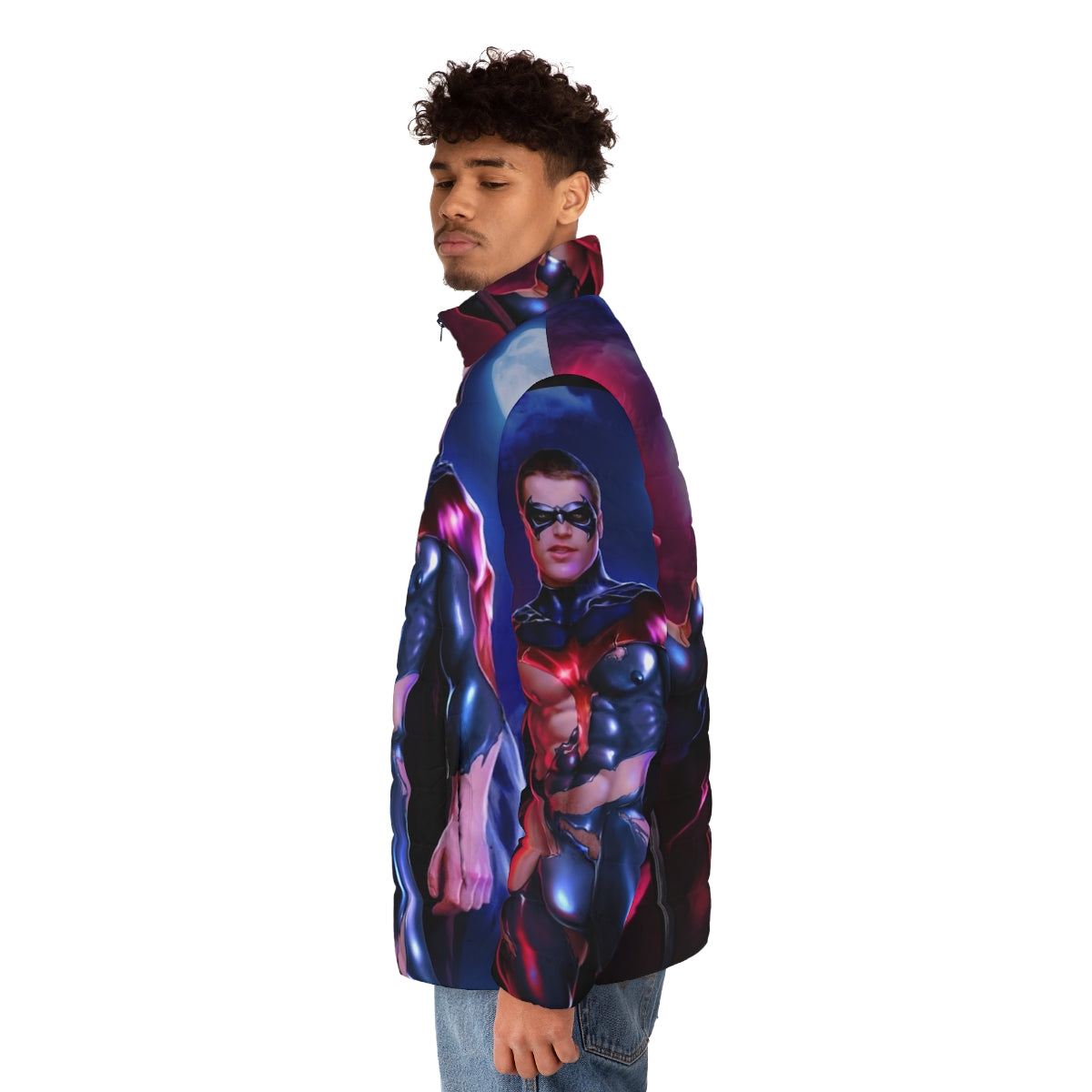 Red puffer jacket with superhero-inspired design - men side left