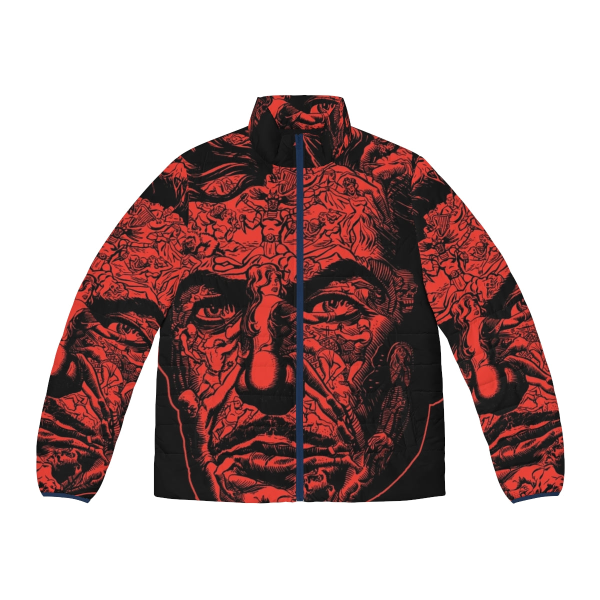 Red puffer jacket with a gothic horror design inspired by Edgar Allan Poe's "The Masque of the Red Death"