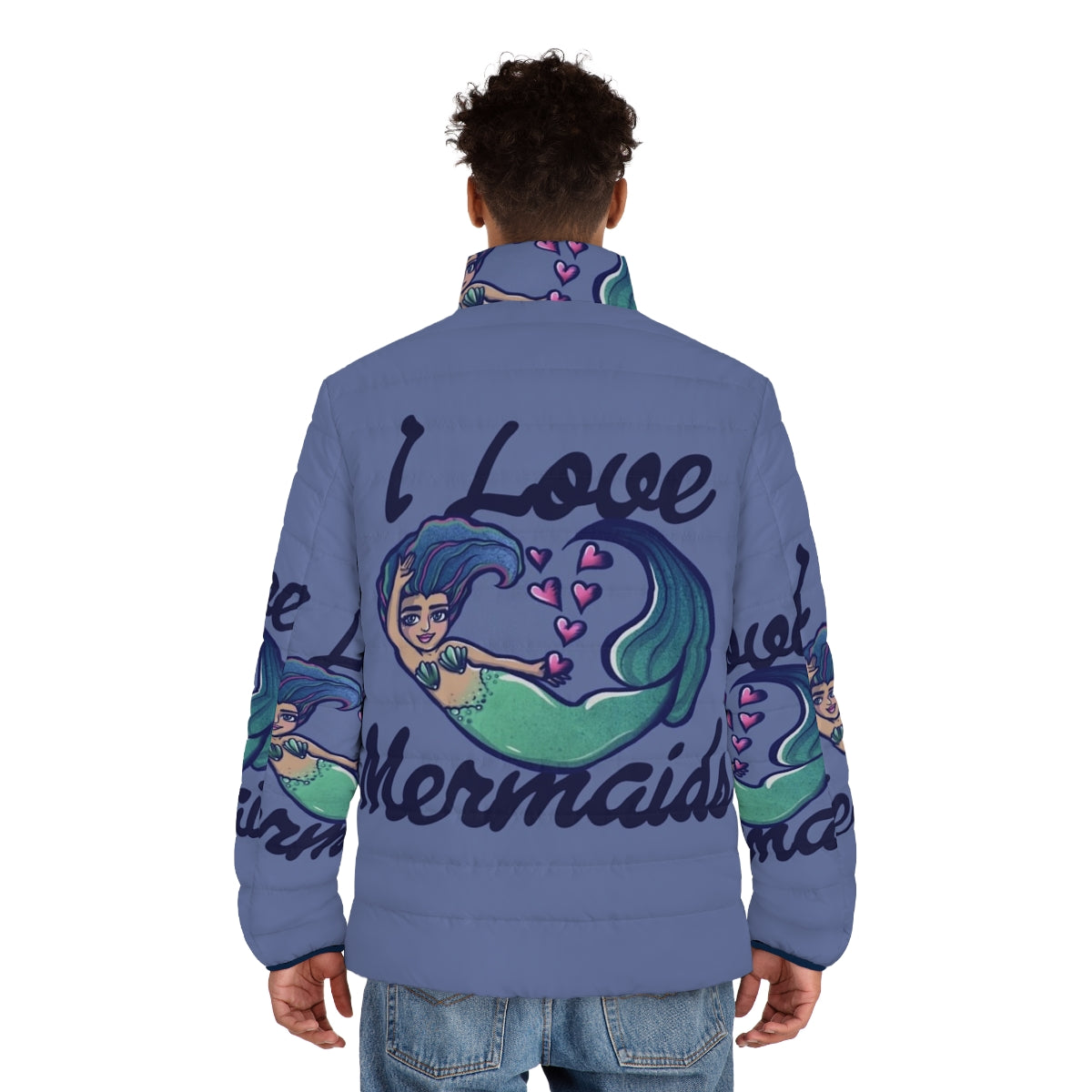 Mermaid puffer jacket with a playful mermaid design for mermaid lovers - men back