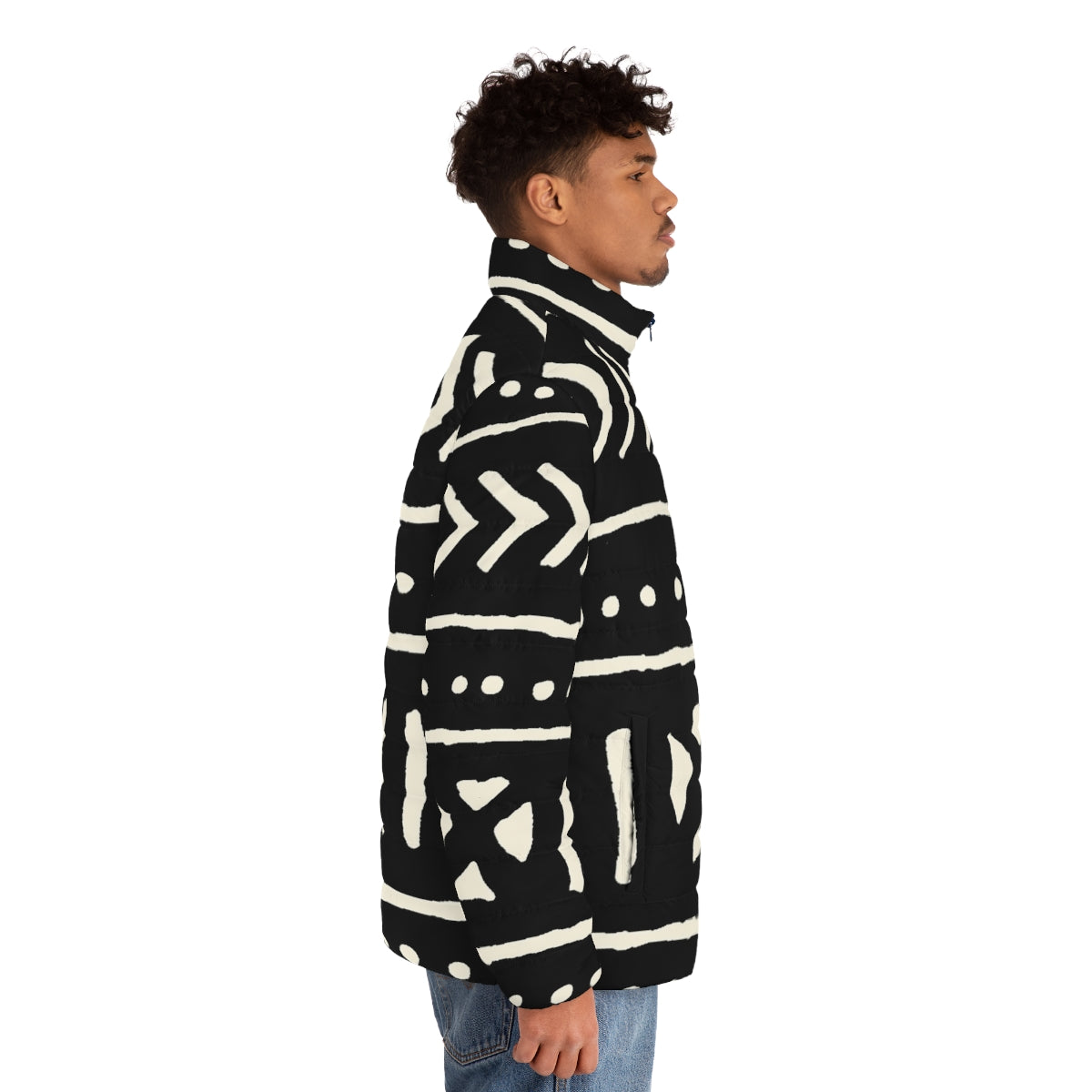 African Mud Cloth Black and White Puffer Jacket - men side right