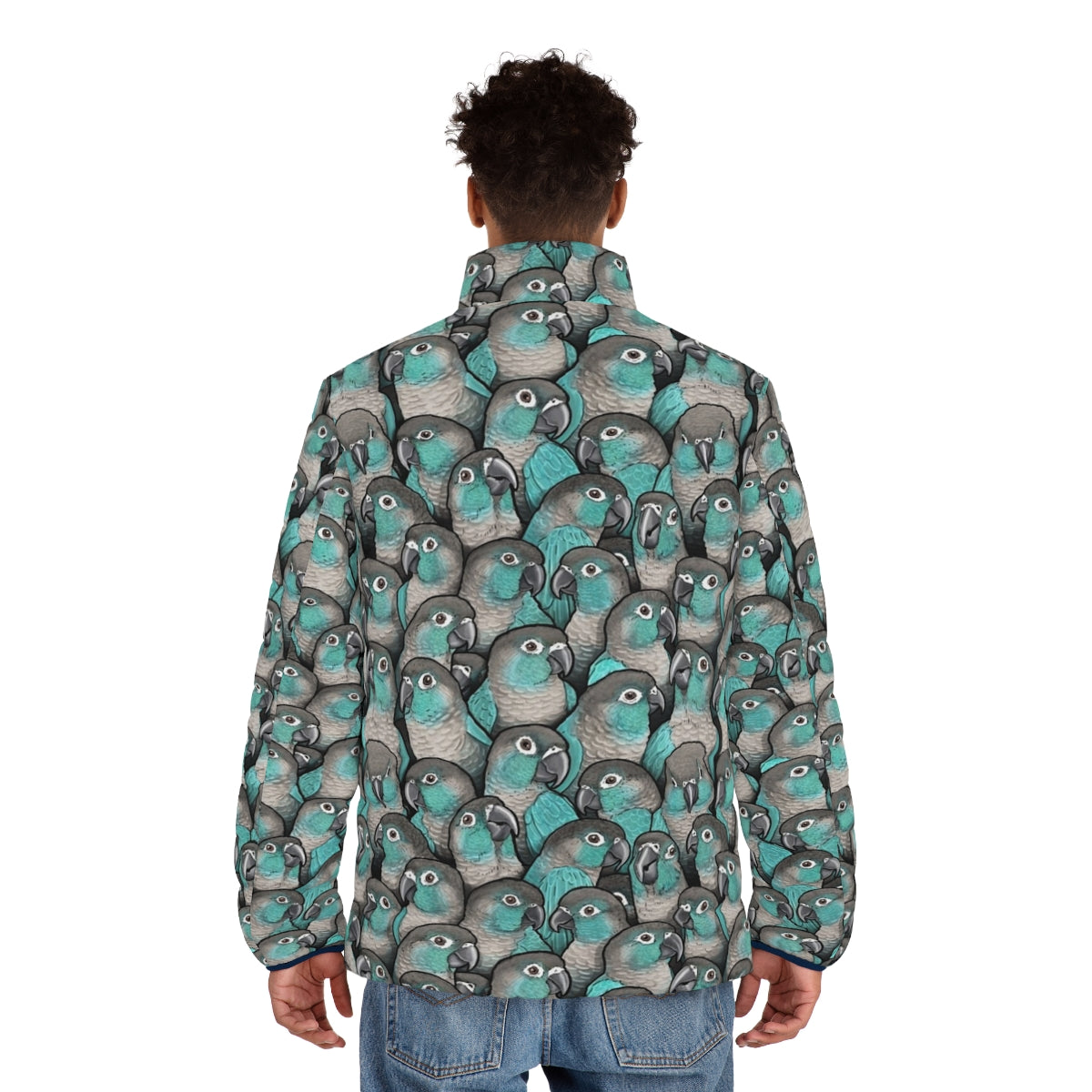 Turquoise green cheeked conure puffer jacket with bird pattern - men back