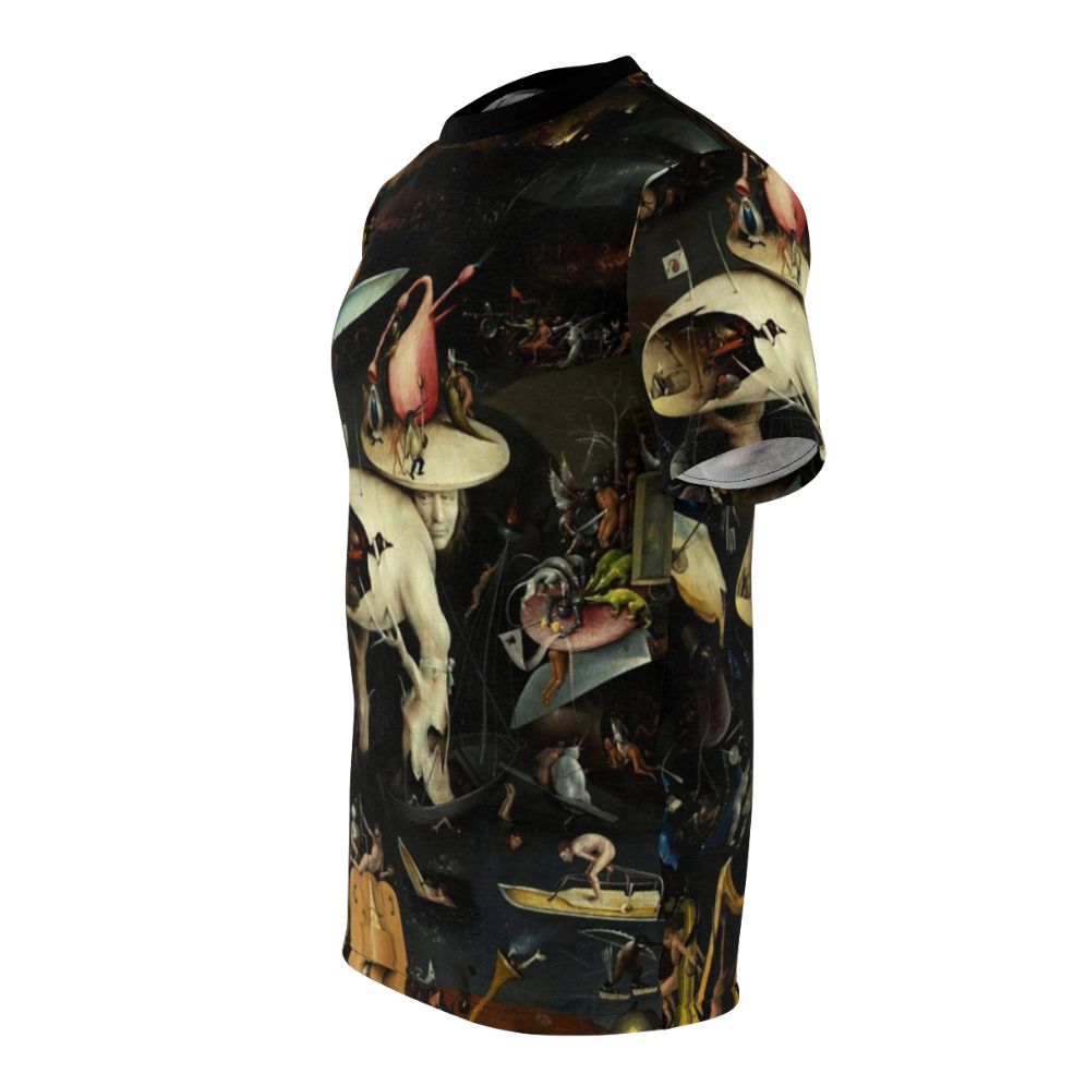 Surreal t-shirt design inspired by the fantastical and mysterious artwork of Hieronymus Bosch, featuring demonic figures, biblical themes, and a visually striking, surrealistic landscape. - men left