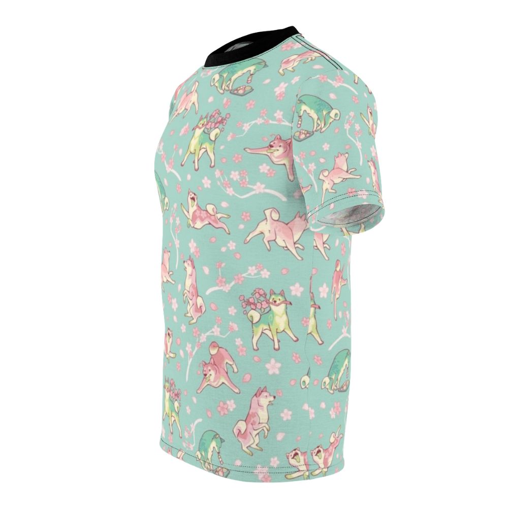 Shiba inu-inspired t-shirt with a sakura and matcha-themed floral pattern in mint green - men left