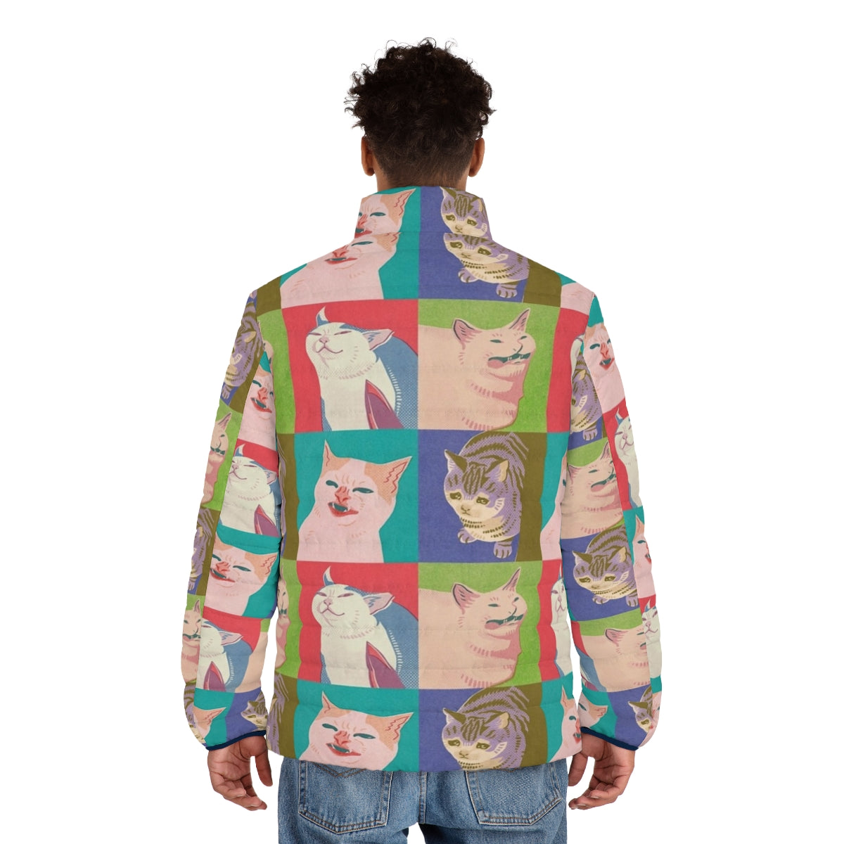 Four meme cats of the apocalypse on a puffer jacket with pop art design - men back