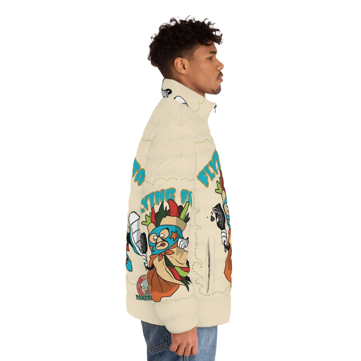 Vibrant puffer jacket with Mexican wrestling and food design - men side right