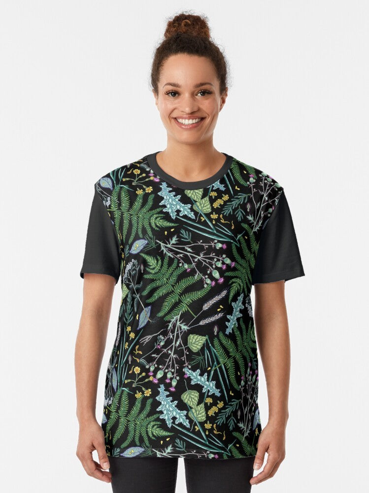 A summer night botanical graphic t-shirt featuring colorful flowers, leaves, and a magical, dreamy design. - Women