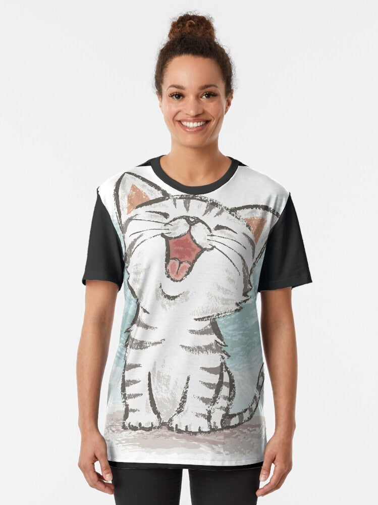 Adorable cartoon illustration of a happy, smiling American Shorthair cat on a graphic t-shirt design. - Women