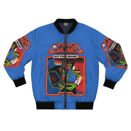 Retro video games bomber jacket with a vintage design and zombie brains theme