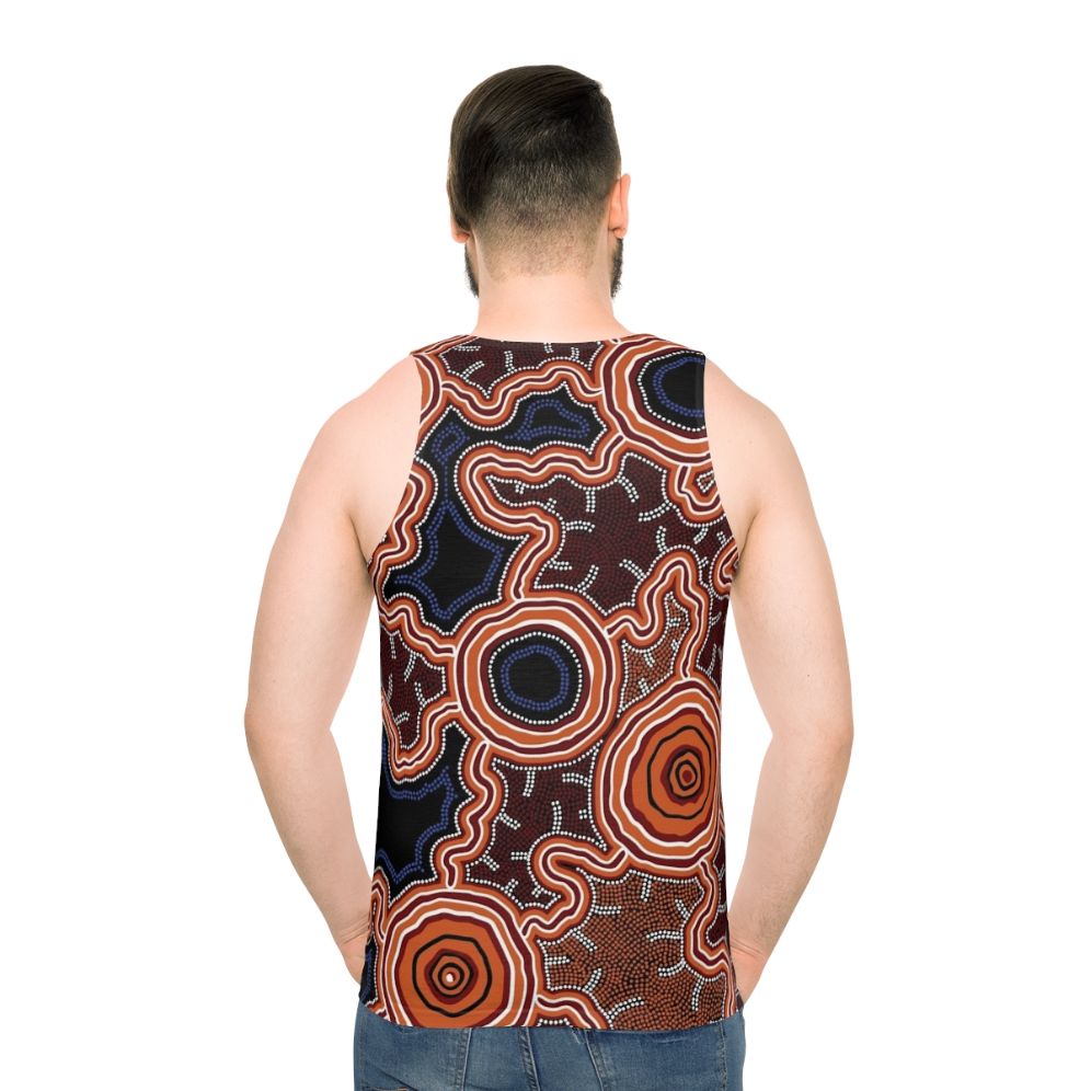 Authentic Aboriginal Art Unisex Tank Top with Pathway to Water Design - men back