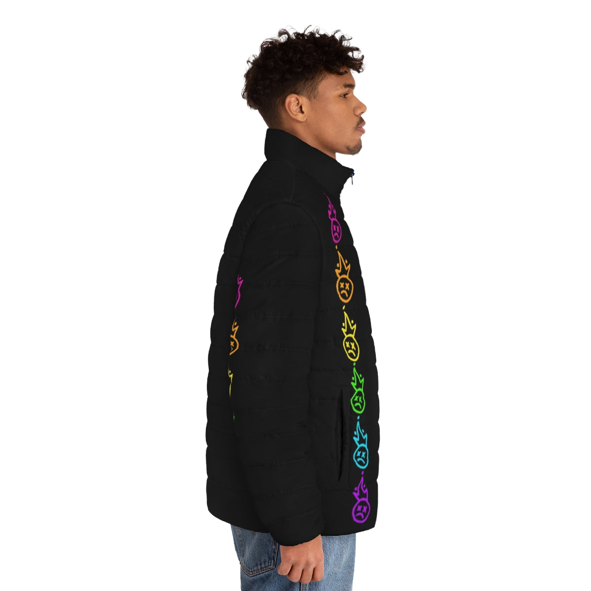 Colorful rainbow puffer jacket featuring the Fall Out Boy (FOB) logo - men side right