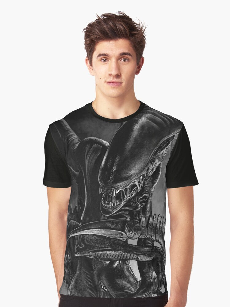 A hand-drawn graphic of a xenomorph alien on a t-shirt for art enthusiasts. - Men