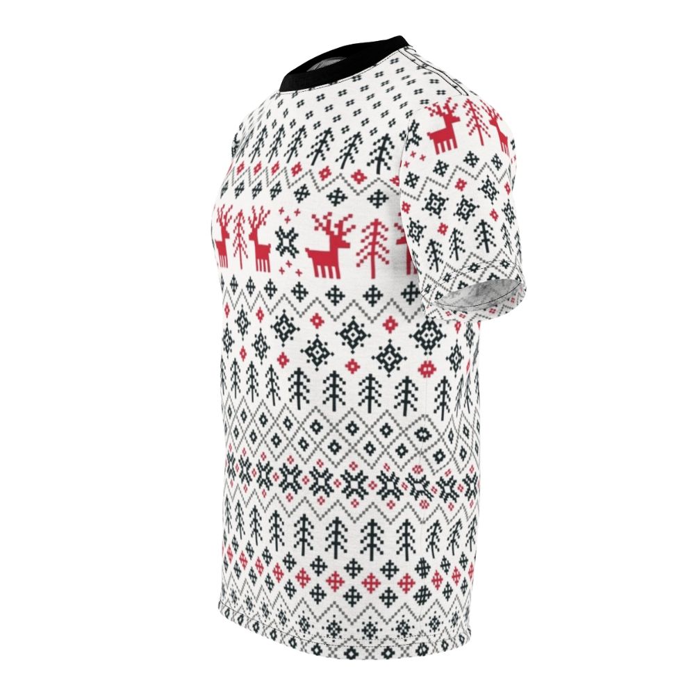 A graphic t-shirt featuring a cozy, retro-inspired holiday sweater pattern design. - men left