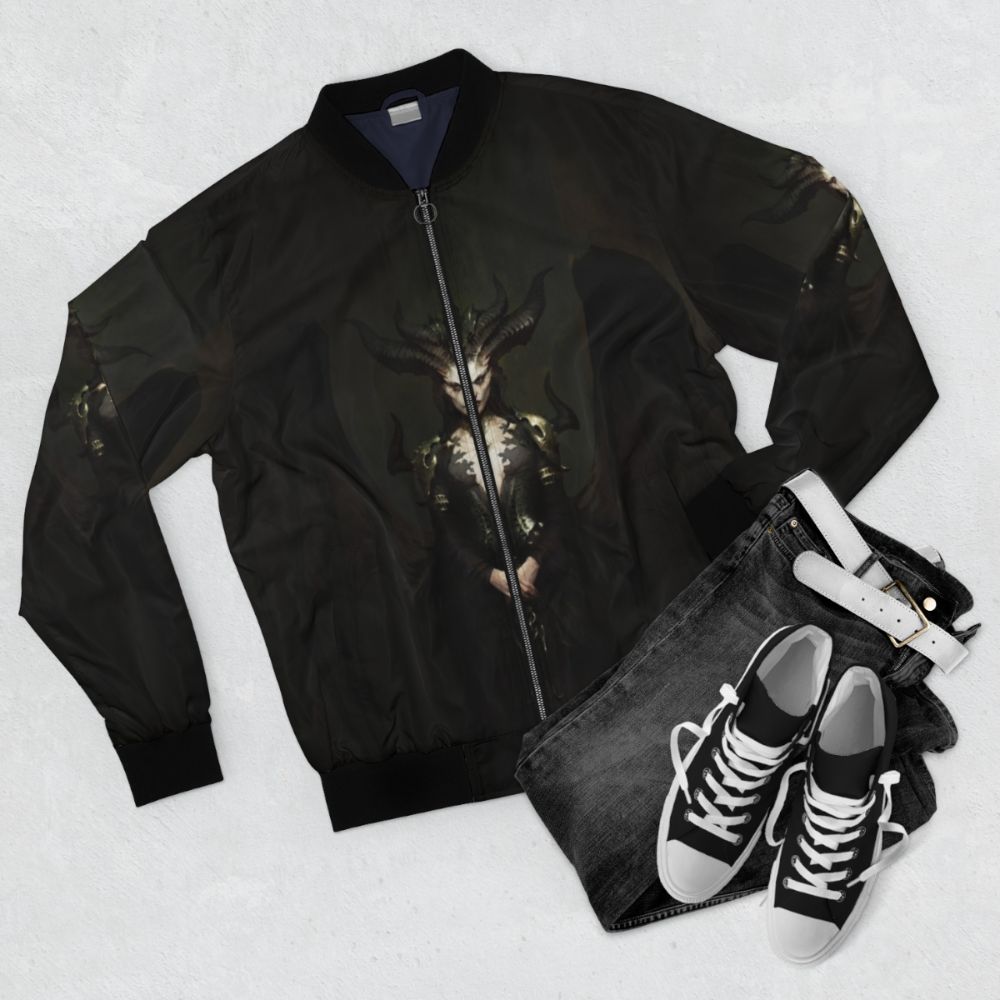 A stylish bomber jacket featuring Lilith, the main antagonist from the upcoming Diablo 4 video game. - Flat lay