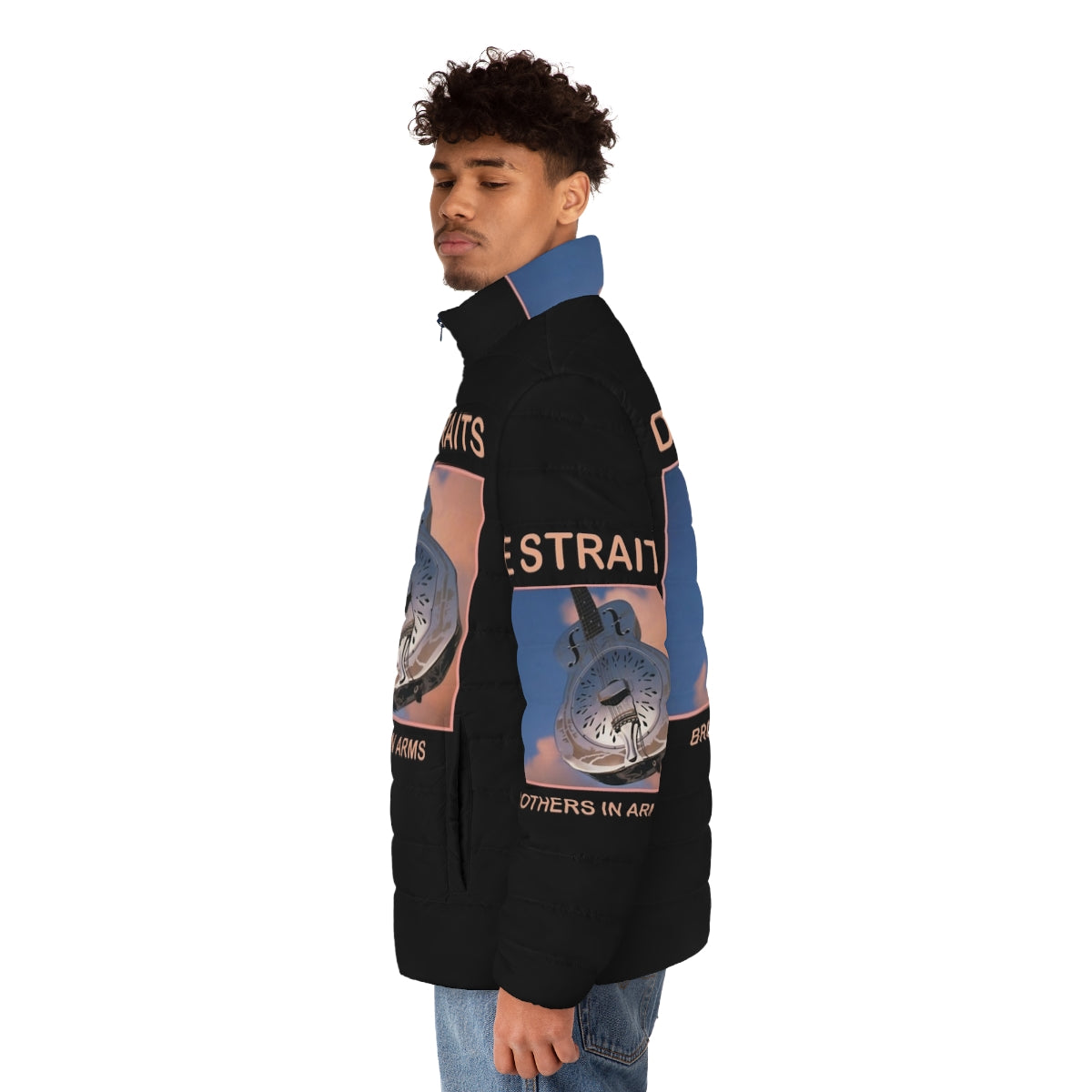 Dire Straits Puffer Jacket featuring the iconic band's logo and album artwork - men side left