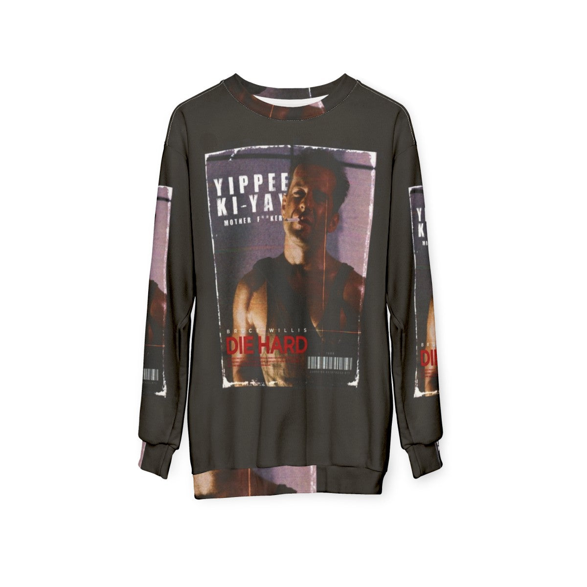 Die Hard inspired retro sweatshirt with Yippee Ki Yay text - hanging