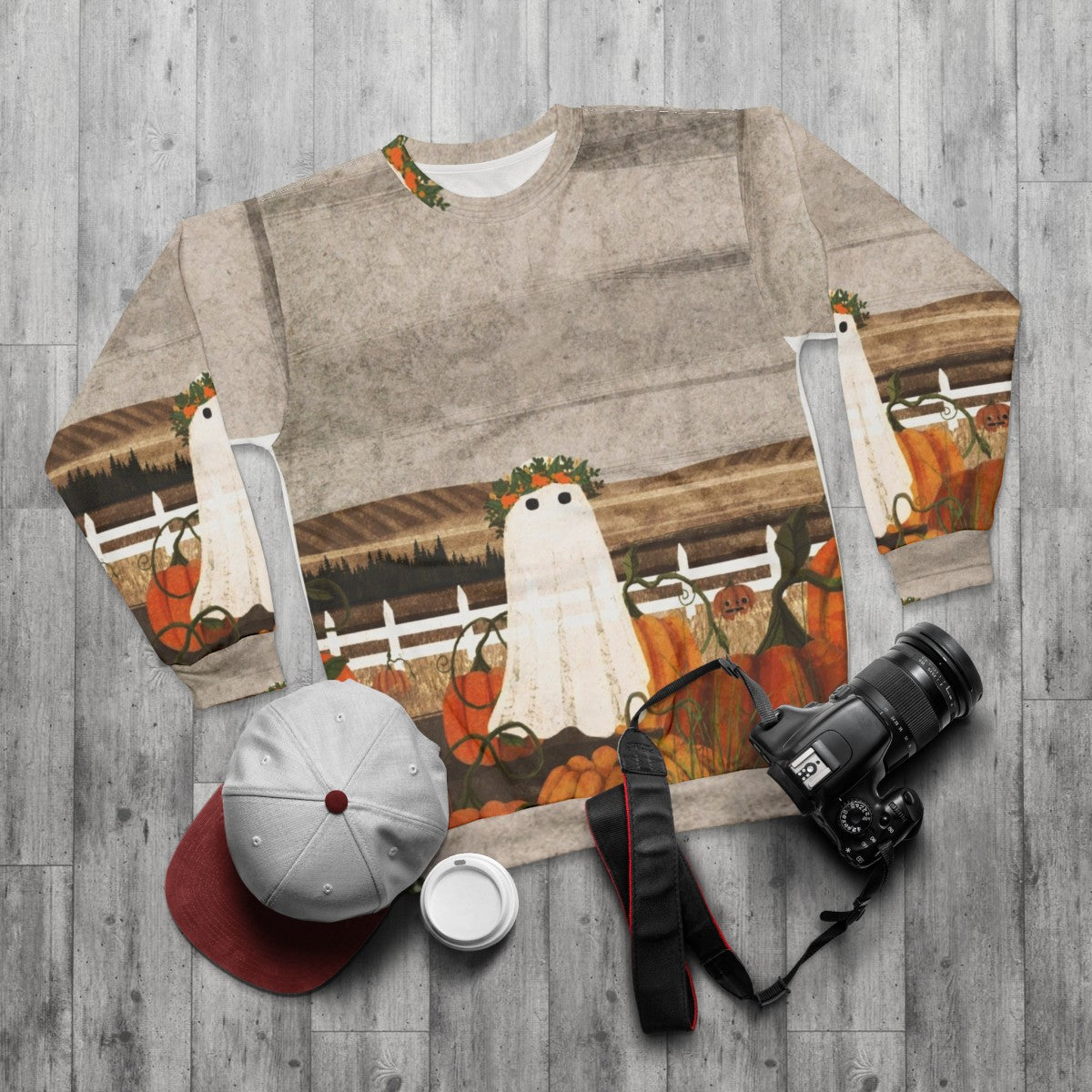 Vintage ghost in pumpkin patch sweatshirt - flat lay