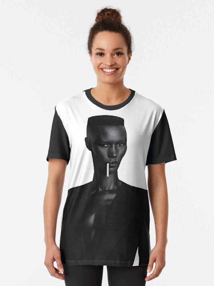 Graphic t-shirt featuring a portrait of iconic musician and actress Grace Jones - Women