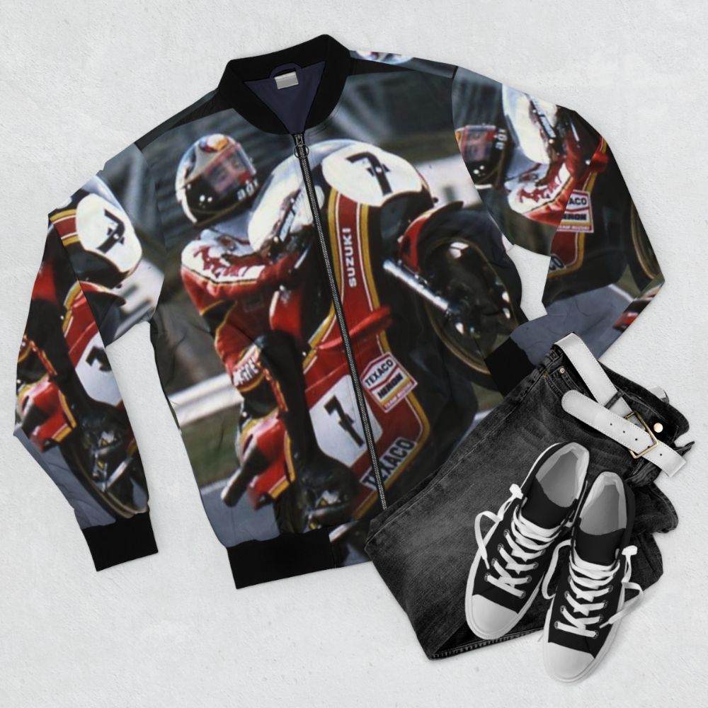 Barry Sheene Motorcycle Bomber Jacket - Flat lay