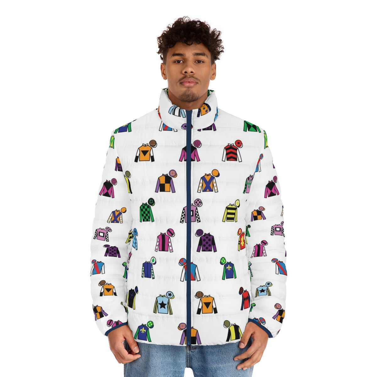 Colorful puffer jacket with horse racing jockey silks design - men front