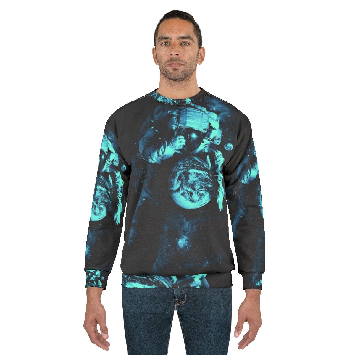 Cosmic intergalactic sweatshirt featuring surreal outer space design - men