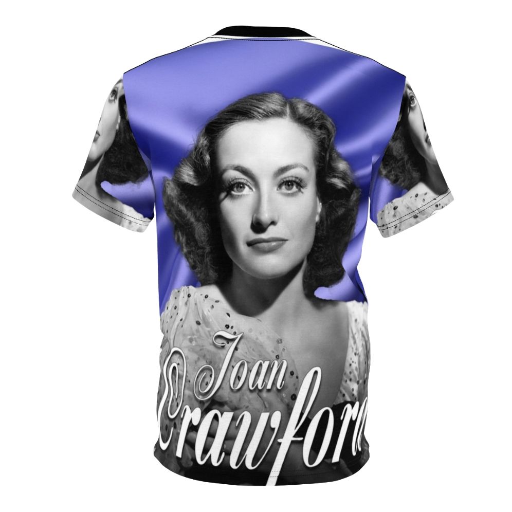 A high-quality all-over print t-shirt featuring a purple and white design inspired by the classic Hollywood star Joan Crawford. - Back